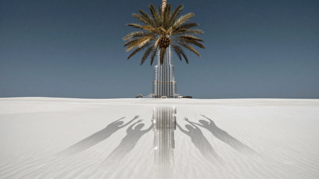 A serene beach reflects Dubai’s skyline, but shadowy hands emerge from beneath the sand, symbolizing hidden truths.